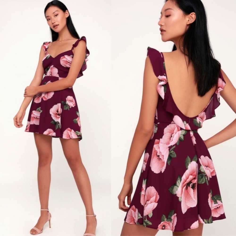Lulu's Floral Of The Above Backless Skater Dress Fit n Flare Open Back Low back